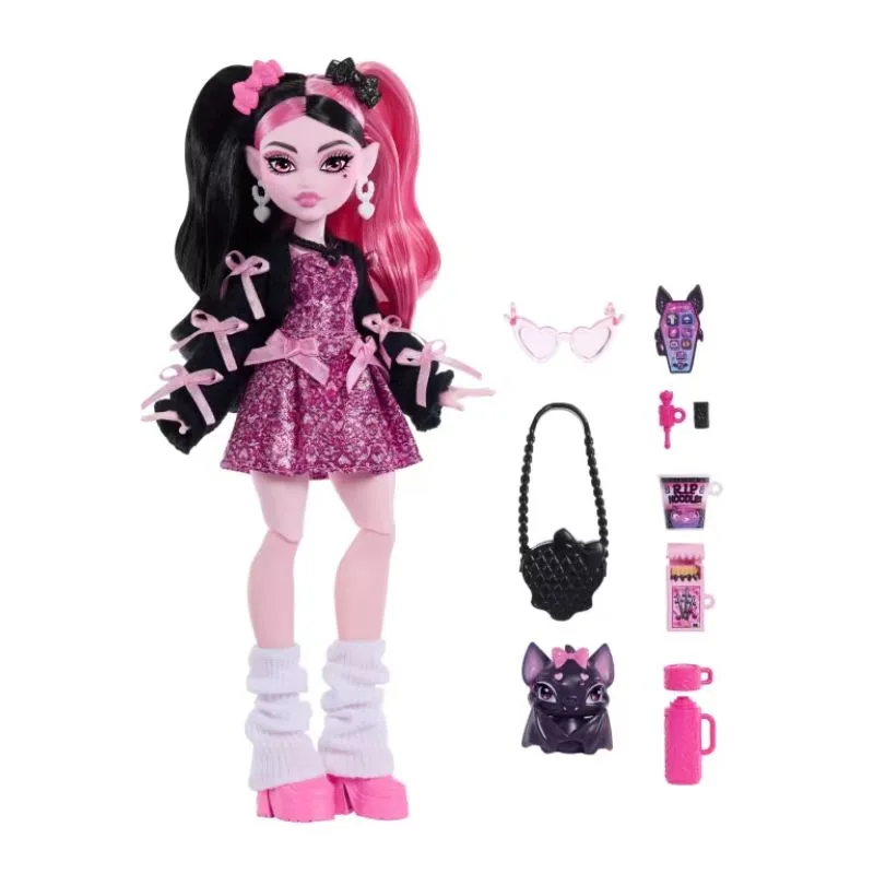Monster High Draculaura Fashion Doll in Bow Dress With Pet Bat Count Fabulous And 7 Accessories