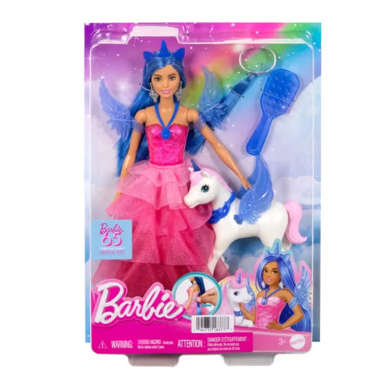 Barbie Unicorn Toy, 65th Anniversary Doll With Blue Hair, Pink Gown & Pet Alicorn
