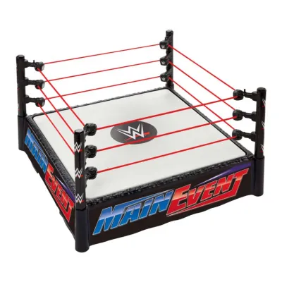 WWE Superstar Ring With Labels For Main EVent & Raw, Spring-Loaded With Elastic Ring Ropes