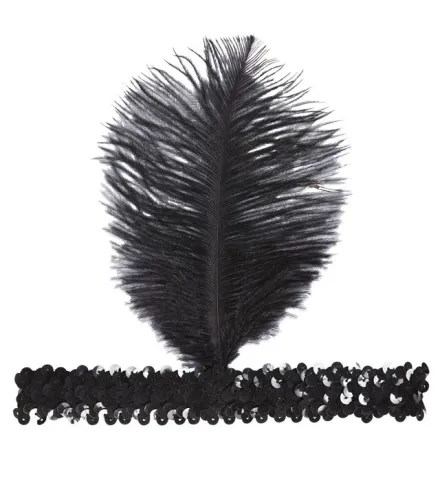 BLACK SEQUIN HEADBAND WITH BLACK FEATHER