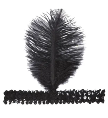BLACK SEQUIN HEADBAND WITH BLACK FEATHER