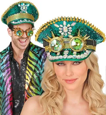Hat Festival Spiked with Jewels & Spiked Kaleidoscopic Goggles Sequin Green