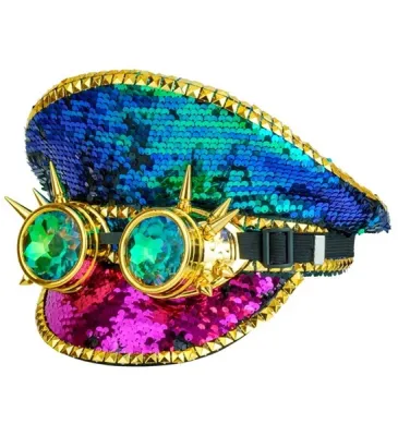 Hat Festival Spiked with Jewels & Spiked Kaleidoscopic Goggles Sequin Multicolor
