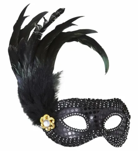 BLACK SEQUIN EYEMASKS WITH JEWEL & FEATHERS
