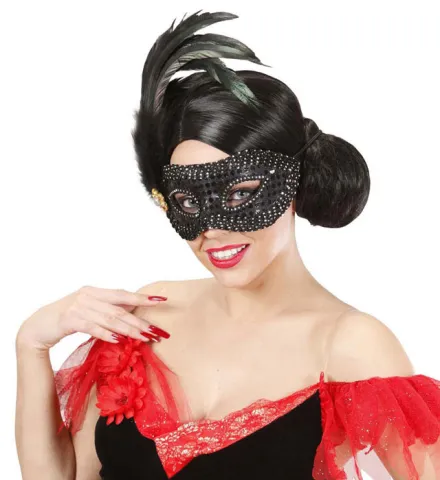 BLACK SEQUIN EYEMASKS WITH JEWEL & FEATHERS