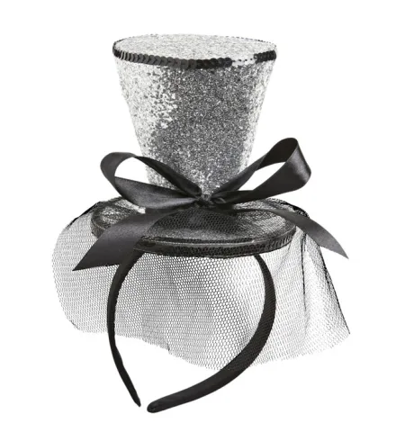 GLITTER MINI TOP HAT ON HEADBAND WITH BOW & VEIL