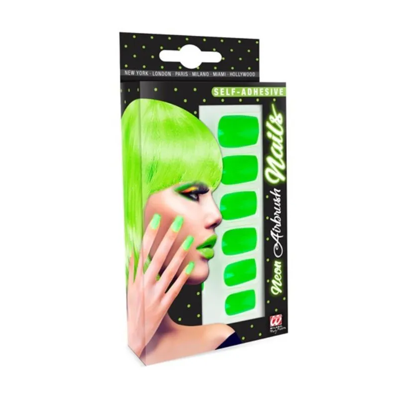 Set of 12 Self adhesive neon green airbrush nails