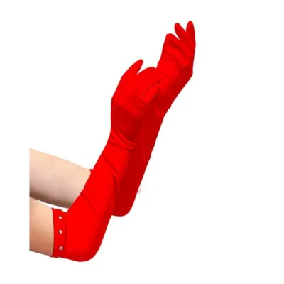 Red Long Satin Gloves with Strass Trimm