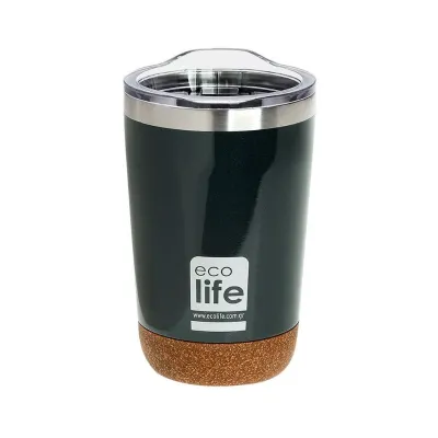 Ecolife Dark green (cork bottom) coffee thermos 370ml | Transparent lid