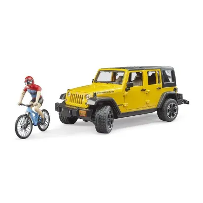 Bruder Jeep Wrangler Rubicon Unlimited with mountain bike and cyclist