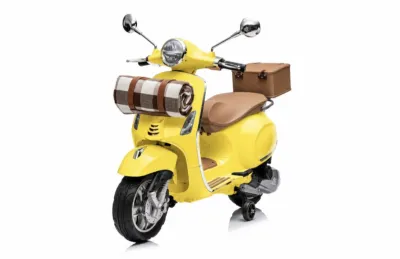 12v Vespa Licensed Ride On Motorcycle With Picnic Blanket And Toolbox Yellow