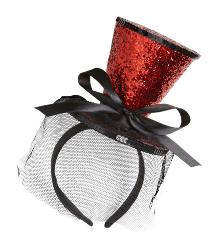 RED GLITTER MINI TOP HAT ON HEADBAND WITH BOW & VEIL