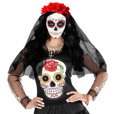 Black Veil With Red Roses Headpiece