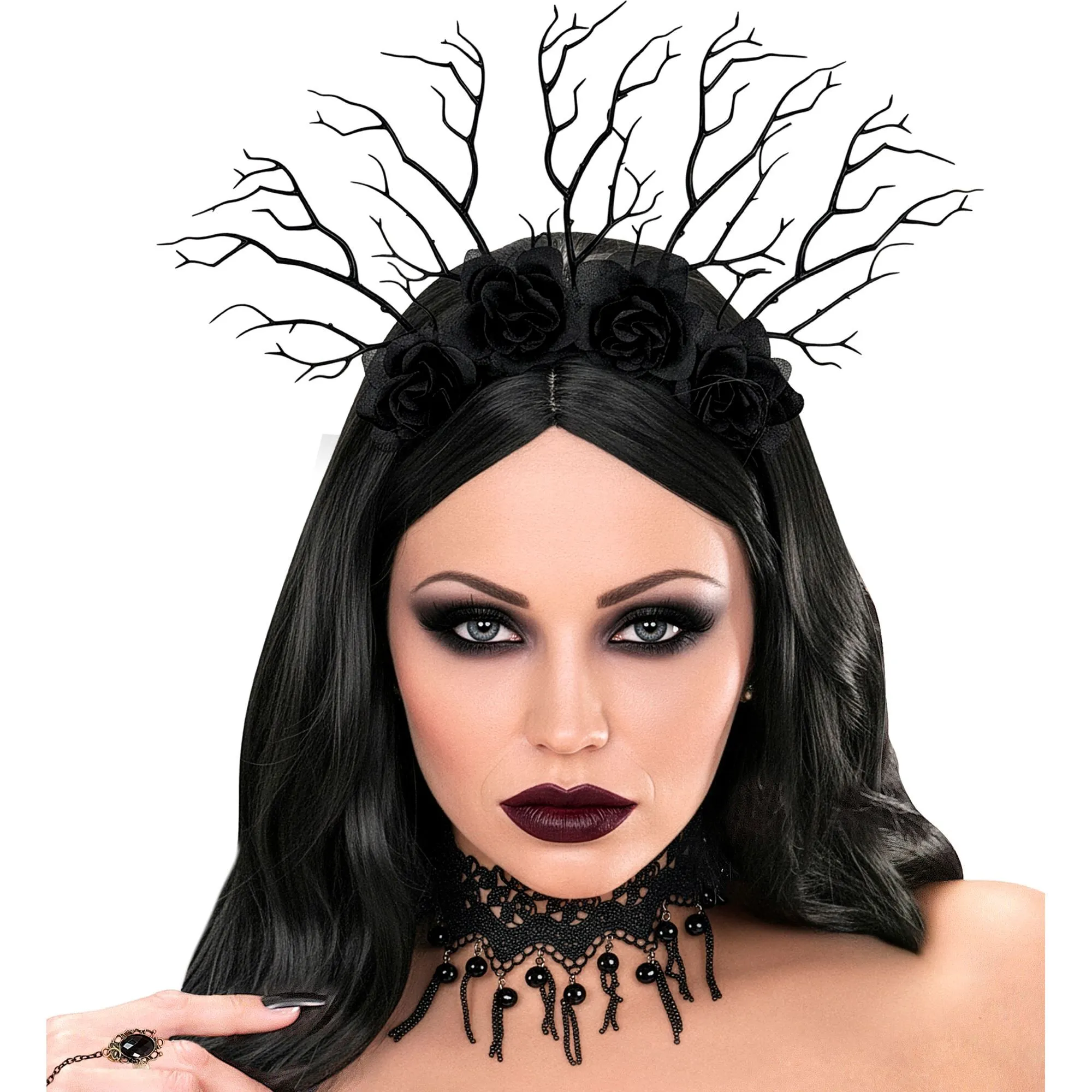Headpiece Dark Queen Branches & Black Roses