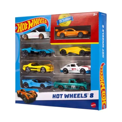 Hot Wheels Set Of 8 Basic Toy Cars & Trucks in 1:64 Scale Including 1 Exclusive Car